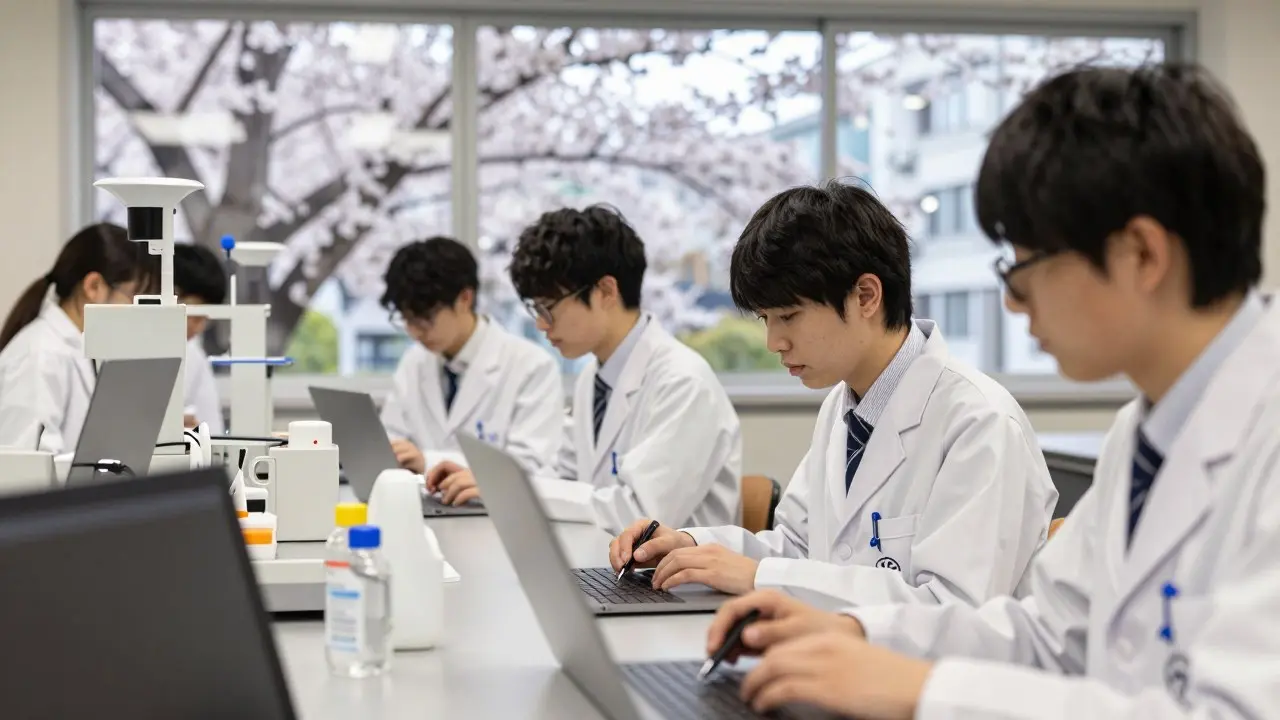 Nhóm sinh viên thuyết trình bài tập kinh doanh trong giảng đường đại học ở Nhật Bản