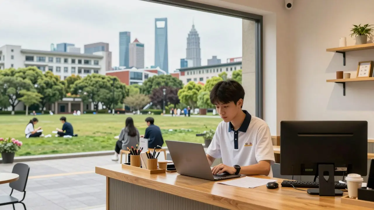 Phòng ký túc xá sinh viên quốc tế gọn gàng với bàn học và giường tầng